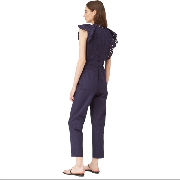 Rebecca Taylor Ariana Eyelet Embroidered Navy Indigo Blue Jumpsuit | Size 8 - Picture 2 of 11